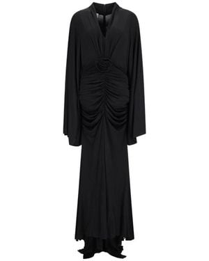 Blumarine Langes Glänzendes Jersey-Kleid Mit Aufgesetzter Rose - Schwarz