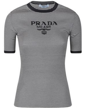 Prada Truien & Vesten ,Veelkleurig ,Gestreept Zijden T-Shirt - Grijs
