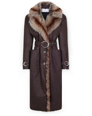 Rabanne Langer Baumwolltrenchcoat Mit Kunstpelzbesatz - Braun