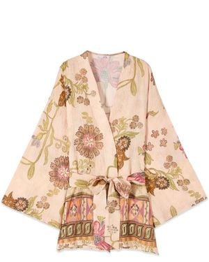 Oltre Overhemden ,Leer Kimono Met Print En Ceintuur - Bruin