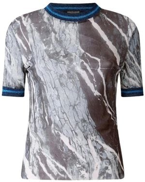 Roberto Cavalli Tops ,Blauw ,Polyester T-Shirt Met Marmerprint En Glitterdetails