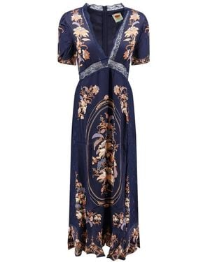 FARM Rio Maxikleid Mit V-Ausschnitt Und Spitzenbesatz - Blau