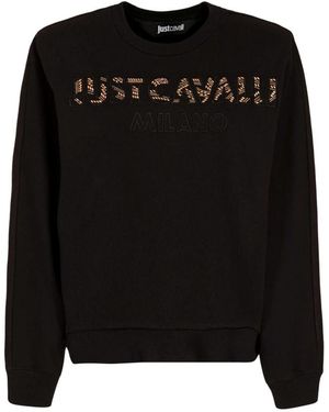 Just Cavalli Hoodies & Sweatvesten ,Zwart ,Katoen Zwart Crew Neck Sweatshirt Met Studded Logo