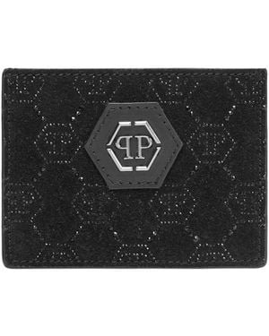 Philipp Plein Leather Cardholder Monogram Strass - Zwart