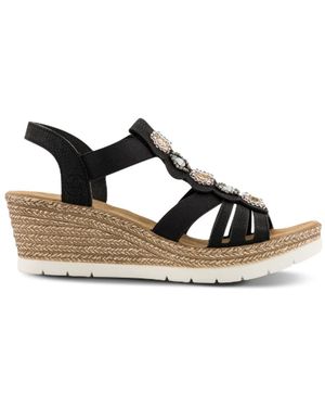 Rieker Schoenen ,Zwart ,Leer Wedge Sandaal Met Pareldetail