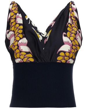 Tory Burch Geprinte Top Van Zijde En Tricot Met V-Hals - Blauw