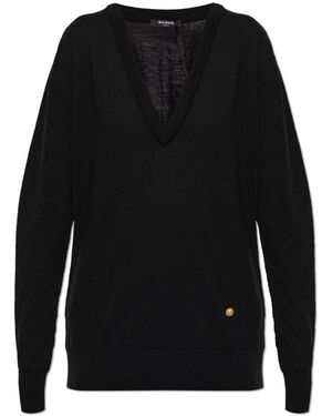 Balmain Wollen V-Hals Trui - Zwart