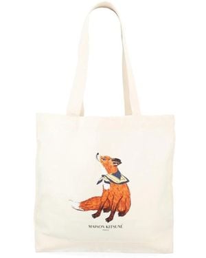 Maison Kitsuné Tassen ,Katoen Fox Print Canvas Tote Bag - Wit