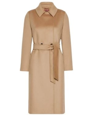 Max Mara Jassen ,Bruin ,Wol Lange Double-Breasted Jas Met Riem - Naturel