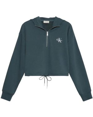 Calvin Klein Hoodies & Sweatvesten ,Groen ,Katoen Monologo Terry Cropped Hoodie - Blauw