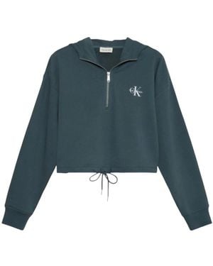 Calvin Klein Hoodies & Sweatvesten ,Groen ,Katoen Monologo Terry Cropped Hoodie - Blauw