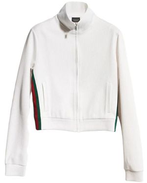 Gucci Hoodies & Sweatvesten ,Wit ,Katoen Rib Katoenen Rits Sweatshirt Met Web