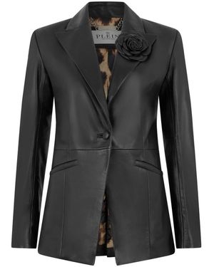 Philipp Plein Leren Blazer Flower - Zwart
