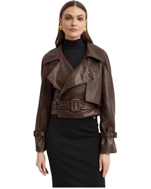 Nour Hammour Hatti Croco Cropped Leren Jas - Bruin