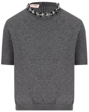 Valentino Rundhals-Strickpullover Mit Kristallstickerei - Grau