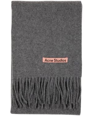 Acne Studios Accessoires ,Grijs ,Wol Smalle Wollen Sjaal Met Franjes