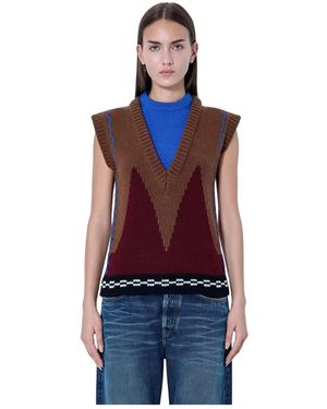 Marni Geometrischer Strick-Westen-Pullover Mit V-Ausschnitt - Rot