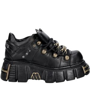 New Rock Schnürstiefeletten Mit Plateau - Schwarz