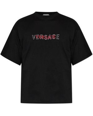 Versace Tops ,Zwart ,Katoen T-Shirt Van Katoenjersey Met Geborduurd Logo, Regular Fit