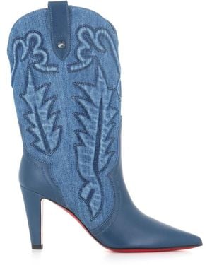 Christian Louboutin Blu denim stivaletti ricamati tacco cubano