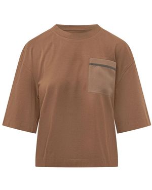 Brunello Cucinelli Tops ,Bruin ,Katoen Katoenen Jersey T-Shirt Met Glimmende Tab