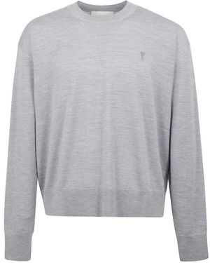 Ami Paris Classic Long-Sleeved Crewneck Top With Logo - Grey