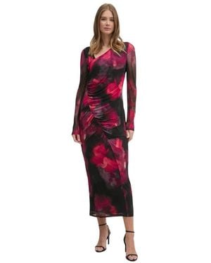 DKNY Floral Ruched Maxi Jurk - Rood
