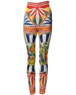 Dolce & Gabbana Multicolour Silk Carretto Leggings Stretch Waist Trousers - Red