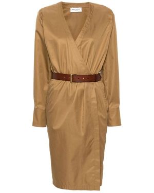 Saint Laurent Kleedjes ,Bruin ,Katoen Camel Katoenen Twill Midi Jurk - Naturel