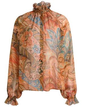 Etro Overhemden ,Veelkleurig ,Blouse Met Paysleyprint En Hoge Hals - Bruin