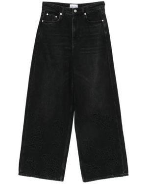 Ganni Jeans ,Zwart ,Katoen Jeans Met Wijde Pijpen En Bloemenborduurwerk