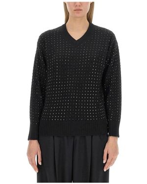 Sportmax Truien & Vesten ,Zwart ,Wol Trui Met V-Hals En Kristalversiering
