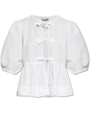 Ganni Cotton Poplin Peplum Blouse Met Strik - Wit