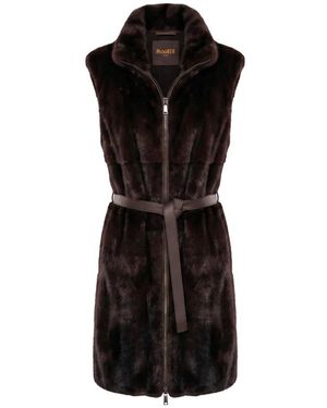 Moorer Jassen ,Bruin ,Leer Mink Bontjas Met Riem - Zwart
