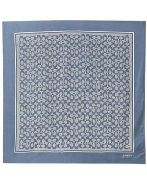 COACH Textured Signature Print Silk Square Scarf - Blauw