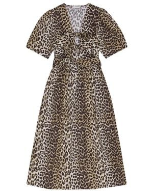 Ganni Midi Jurk Met Luipaardprint En Strikdetail - Naturel