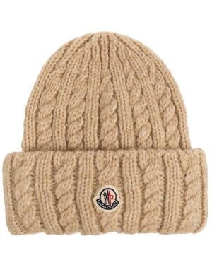Moncler Cable Knit Wool Blend Beanie - Naturel