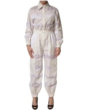 Dolce & Gabbana White Cotton Lace Trim Long Sleeves Jumpsuit - Grey