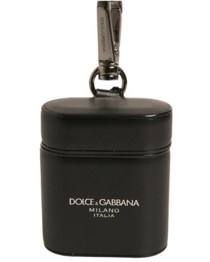 Dolce & Gabbana Schwarzes Leder-Ohrhöreretui Mit Metallclip