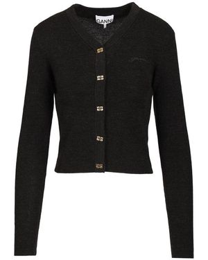 Ganni Truien & Vesten ,Grijs ,Wol Mini Ribbed Merino Cardigan - Zwart