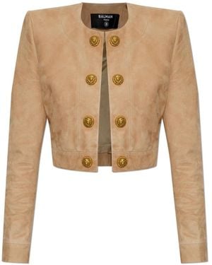 Balmain Cropped Suède Leren Jas - Naturel