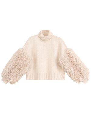 byTiMo Truien & Vesten ,Wit ,Pluizige Faux Fur Turtleneck Sweater - Naturel
