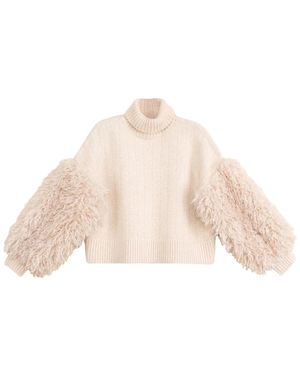 byTiMo Flauschiger Faux Fur Turtleneck Pullover - Natur