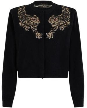 Roberto Cavalli Truien & Vesten ,Zwart ,Wol Wollen Cardigan Met Tijgerborduurwerk