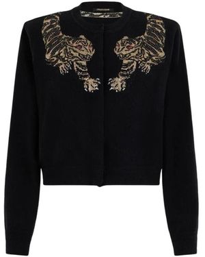 Roberto Cavalli Truien & Vesten ,Zwart ,Wol Wollen Cardigan Met Tijgerborduurwerk