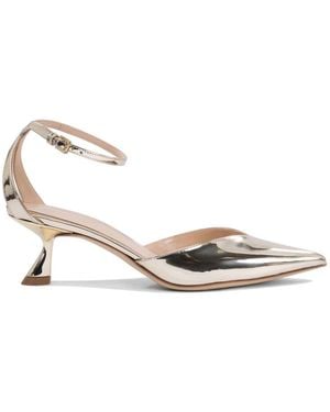 Ninalilou Schoenen ,Geel ,Leer Pumps Met Puntige Neus En Enkelband Met Sculpturale Hak - Metallic