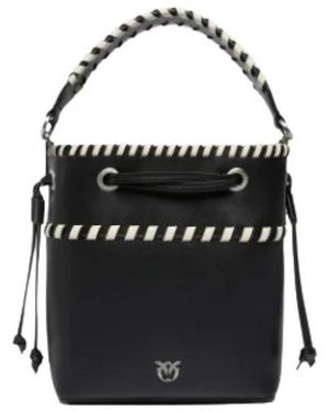 Pinko Tassen ,Zwart ,Katoen Kleine Leren Bucket Bag Met Gevlochten Details