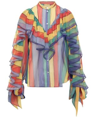 Rochas Overhemden ,Veelkleurig ,Polyester Gestreept Bloesje Met Ruches - Blauw