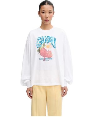 Ganni T-Shirt Met Lange Mouwen En Aardbeienprint - Wit