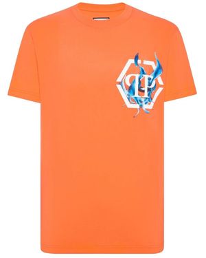 Philipp Plein T-Shirt Ronde Hals Ss Flame Logos - Oranje